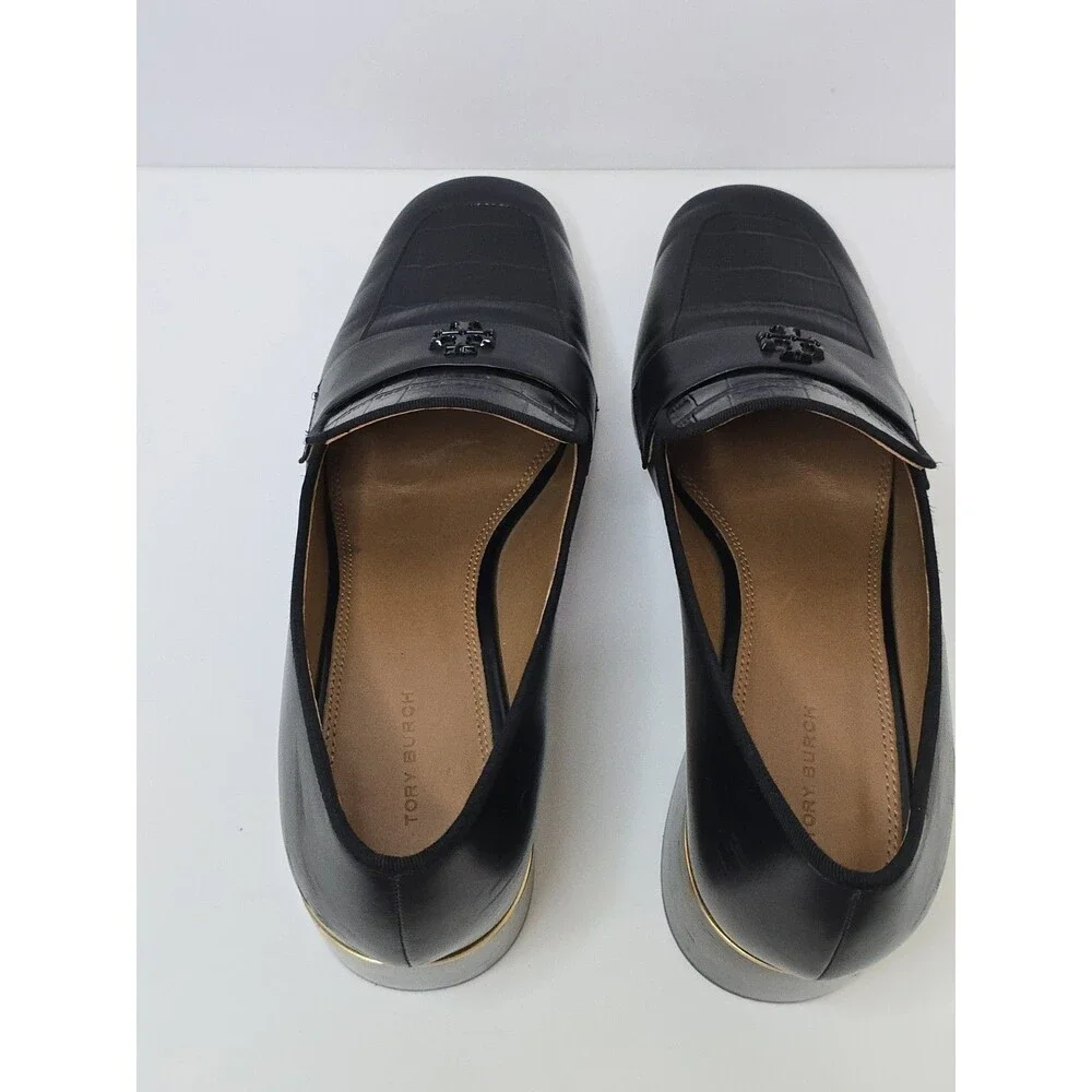 Tory Burch Everly Block Heel Loafers Womens 10 Black Leather Croc Embossed Logo